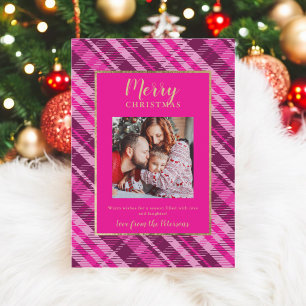 Rustic Plaid Pink Gold Merry Christmas 2 Photos Holiday Card