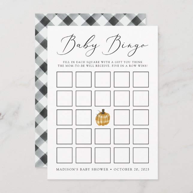 Rustic Plaid Pumpkin Baby Shower Bingo Card (Front/Back)