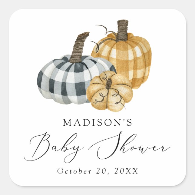Rustic Plaid Pumpkins Baby Shower Square Sticker (Front)