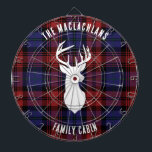 Rustic Plaid Purple Family Name Tartan Custom<br><div class="desc">Elevate your home's entrance with our charming custom Dart Board, blending rustic charm and personalised elegance. This eye-catching design features a classic tartan plaid, evoking warmth and tradition, while a majestic deer antlers silhouette adds a touch of woodland whimsy. The dart board's crowning feature is a customisable space for your...</div>