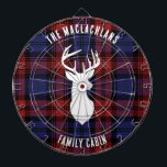 Rustic Plaid Purple Family Name Tartan Custom Dartboard<br><div class="desc">Elevate your home's entrance with our charming custom Dart Board, blending rustic charm and personalised elegance. This eye-catching design features a classic tartan plaid, evoking warmth and tradition, while a majestic deer antlers silhouette adds a touch of woodland whimsy. The dart board's crowning feature is a customisable space for your...</div>