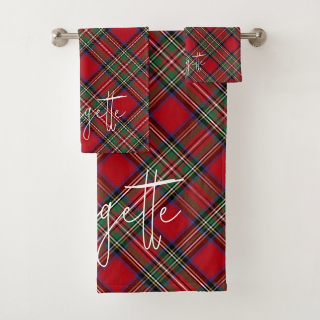 Rustic Plaid Red Green Rustic Stewart Tartan Bath Towel Set (Insitu)