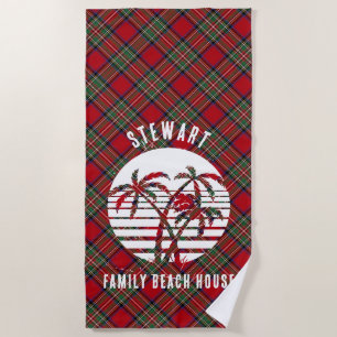 Rustic Plaid Red Green Stewart Tartan Beach Towel
