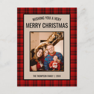 Rustic Plaid Red Photo Merry Christmas Postcard
