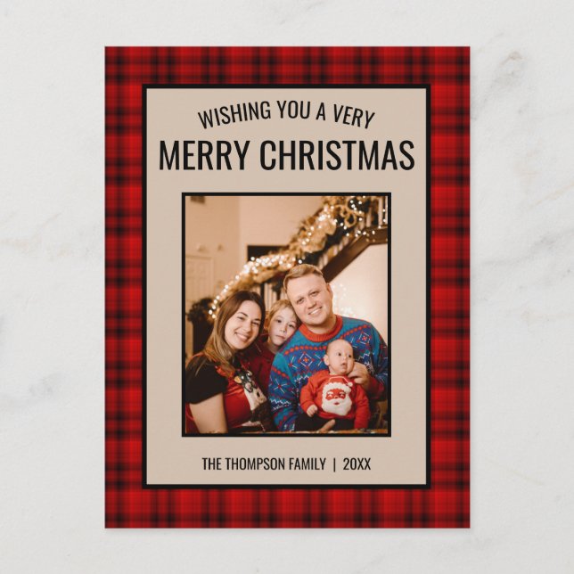 Rustic Plaid Red Photo Merry Christmas Postcard (Front)