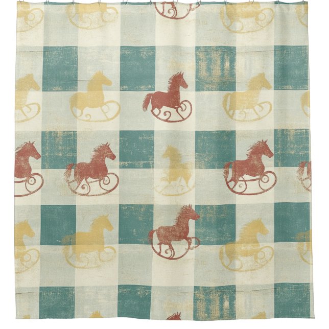Rustic Plaid Rocking Horse Baby Pattern Shower Curtain (Front)