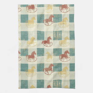 Rustic Plaid Rocking Horse Baby Pattern Tea Towel
