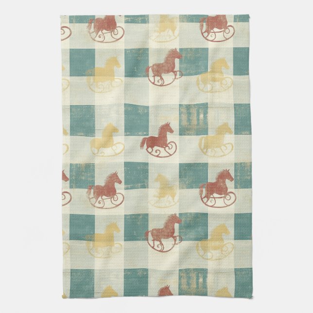 Rustic Plaid Rocking Horse Baby Pattern Tea Towel (Vertical)