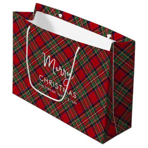 Rustic Plaid Script Christmas Stewart Tartan Large Gift Bag