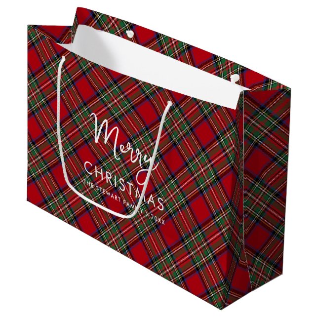 Rustic Plaid Script Christmas Stewart Tartan Large Gift Bag (Front Angled)