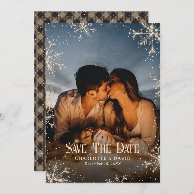 Rustic Plaid Snow Snowflakes Winter Photo Wedding Save The Date (Front/Back)
