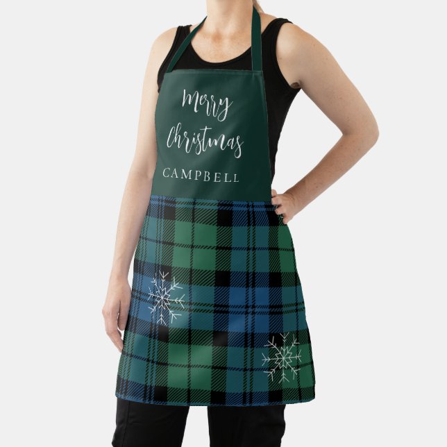 Rustic Plaid Snowflakes Green Campbell Tartan Apron (Insitu)