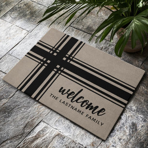 Rustic Plaid stripes Custom Family Welcome Doormat