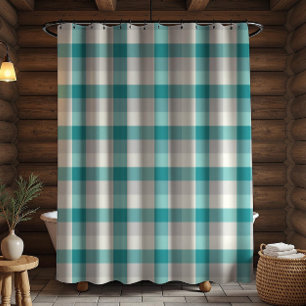 Rustic Plaid Turquoise Grey Beige Shower Curtain