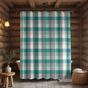 Rustic Plaid Turquoise Grey Beige Shower Curtain