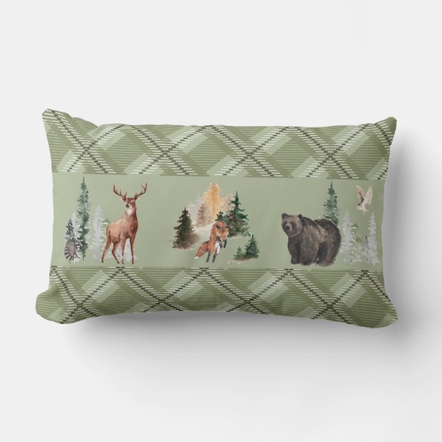 Rustic Plaid Watercolor Woodland Animal Forest Lumbar Cushion (Front)