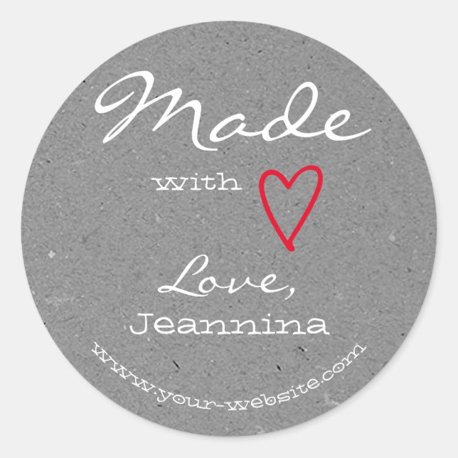 Rustic Plain Grey Made with Love Red Heart Symbol Classic Round Sticker (Front)