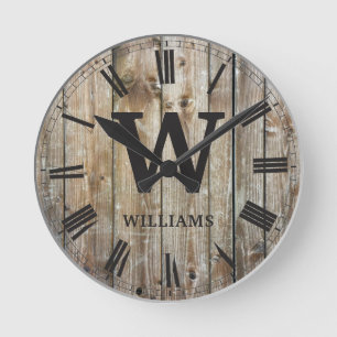 Rustic Planks Wood Custom Family Initial Farmhouse Round Clock