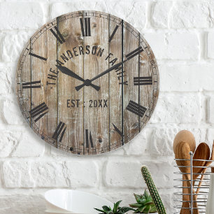 Rustic Planks Wood Custom Family Name Farmhouse Large Clock