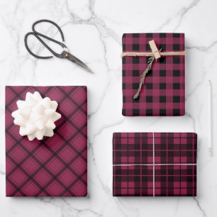Rustic Plum Black Plaid Buffalo Check Mixed Patter Wrapping Paper Sheet