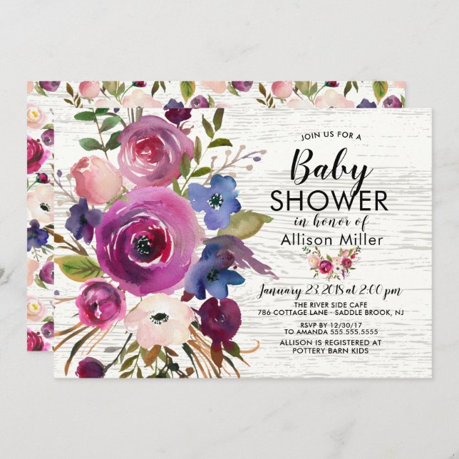 Rustic Plum Blue Floral BABY Shower Invitations (Front/Back)