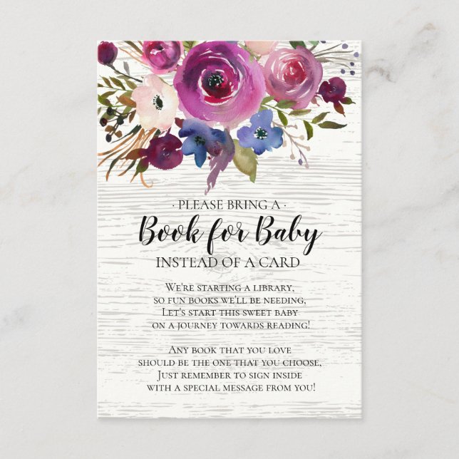 Rustic Plum Floral Baby Shower Book for Baby Enclosure Card (Front)