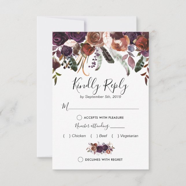 Rustic Plum Floral Food Choice Wedding RSVP Card (Front)