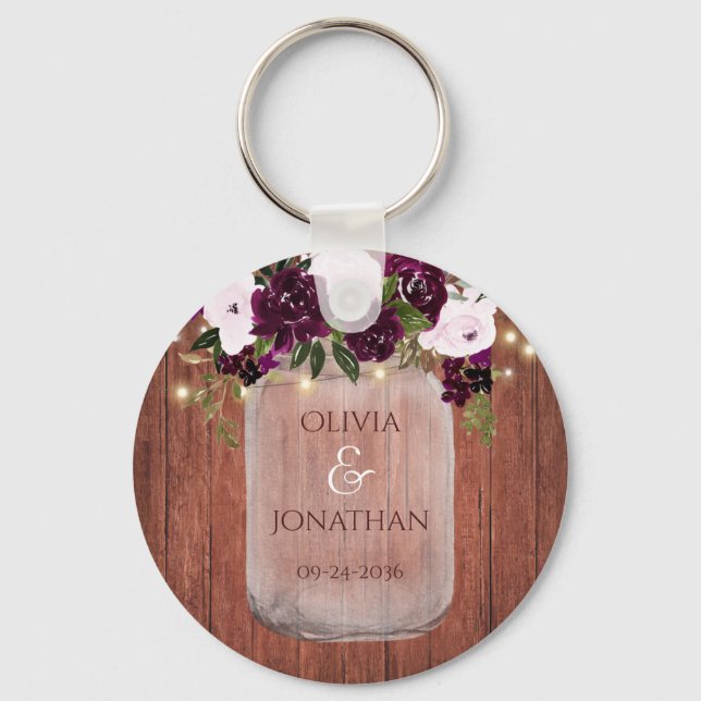 Rustic Plum Floral Mason Jar Lights Wedding Favour Key Ring (Front)