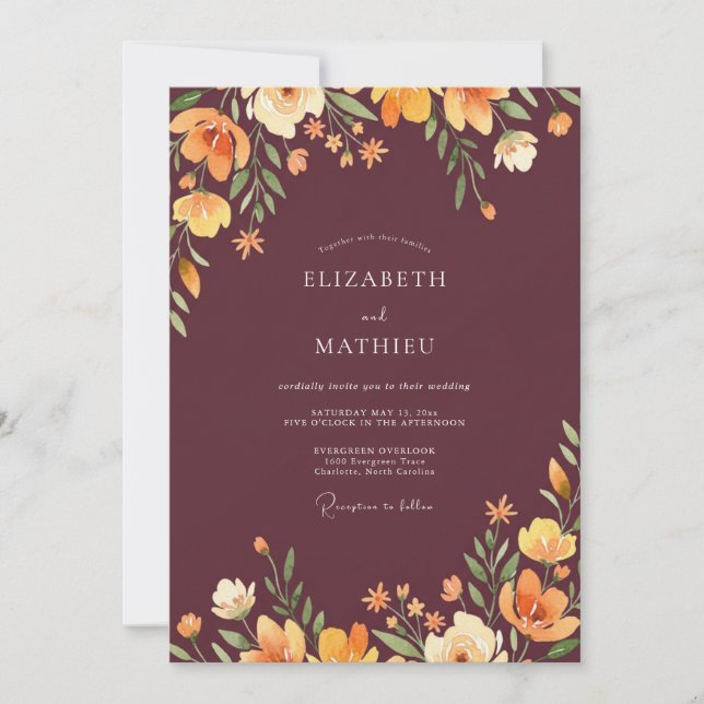 Rustic Plum Ochre Wildflower Wedding Invitation (Front)