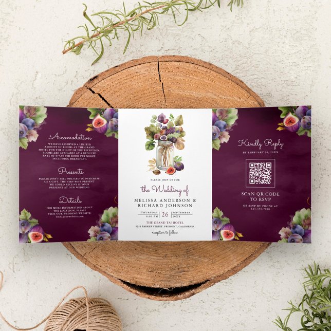 Rustic Plum Purple Fig All in One QR Code Wedding Tri-Fold Invitation (Creator Uploaded)