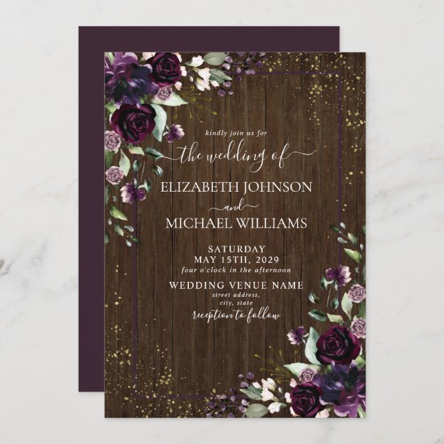 Rustic Plum Purple Gold Watercolor Marble Fall Invitation (Front/Back)