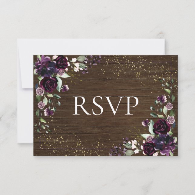 Rustic Plum Purple Gold Wood Fall Wedding RSVP Card (Front)
