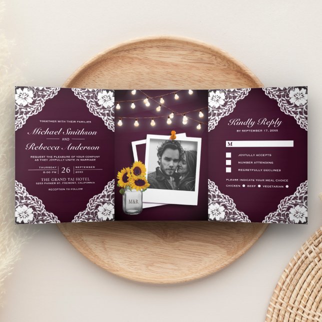 Rustic Plum Purple Wood Lace String Lights Wedding Tri-Fold Invitation (Creator Uploaded)