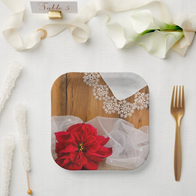 Rustic Poinsettia and Lace Winter Country Wedding Paper Plate (Wedding)