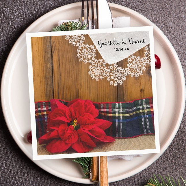 Rustic Poinsettia and Plaid Country Winter Wedding Napkin (Creator Uploaded)