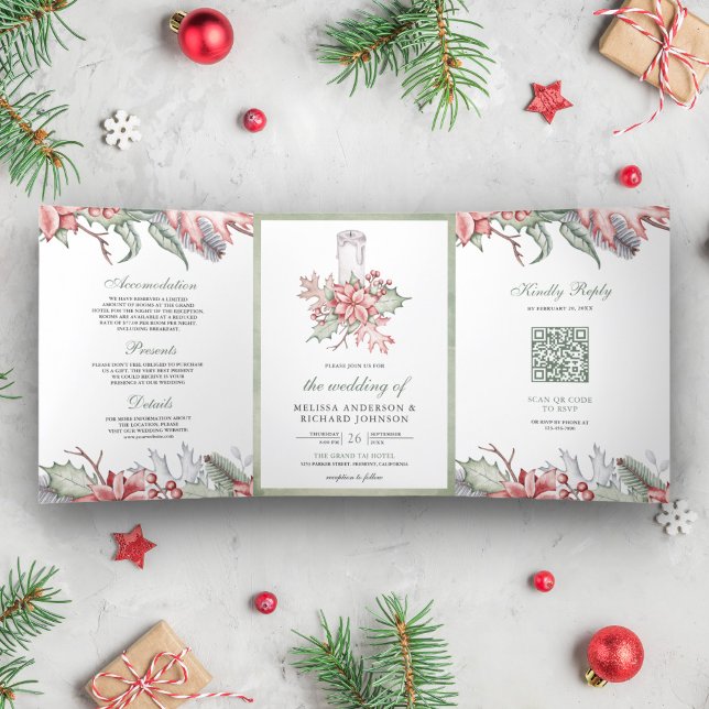 Rustic Poinsettia Christmas Candle QR Code Wedding Tri-Fold Invitation (Creator Uploaded)