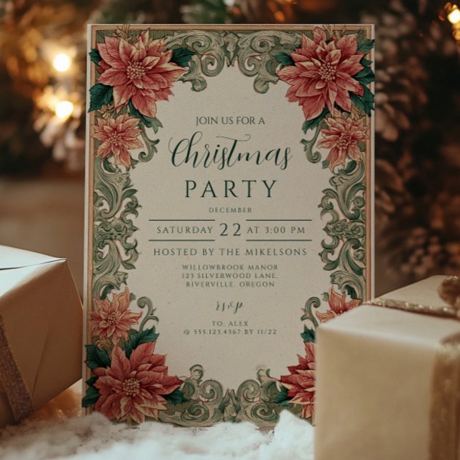 Rustic Poinsettia Christmas Party Celebration Invitation (Creator Uploaded)