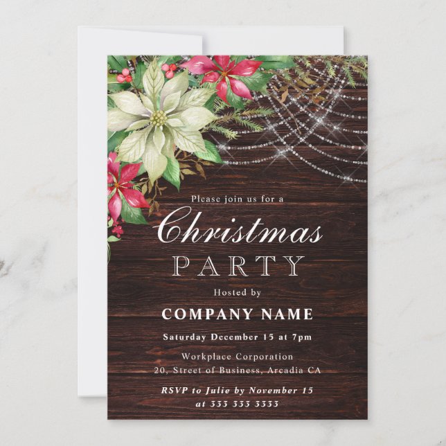 Rustic Poinsettia Christmas Party Invitation (Front)
