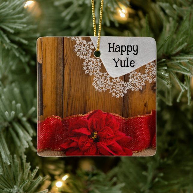 Rustic Poinsettia Flower and Red Ribbon Happy Yule Ceramic Ornament (Tree)