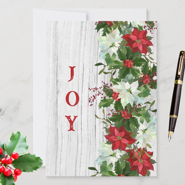 Rustic Poinsettia Garland on Distressed White Wood Holiday Card (Creator Uploaded)
