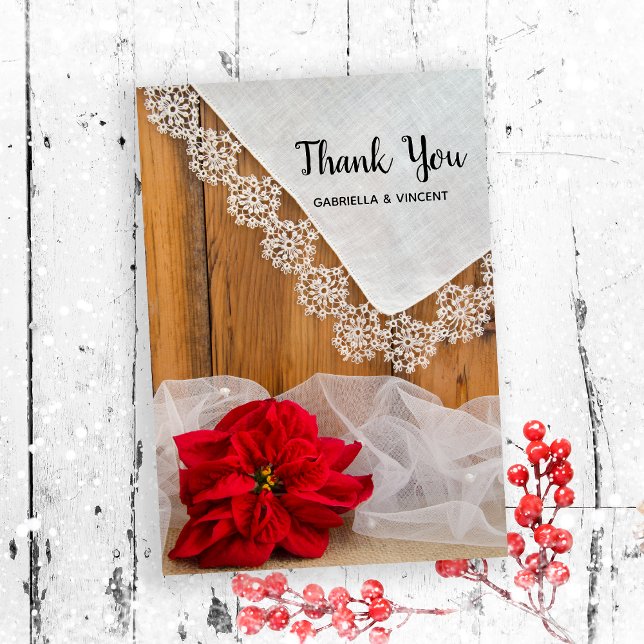 Rustic Poinsettia Lace Winter Wedding Thank You (Send a note of thanks after your rustic December barn party bridal shower or wedding.)