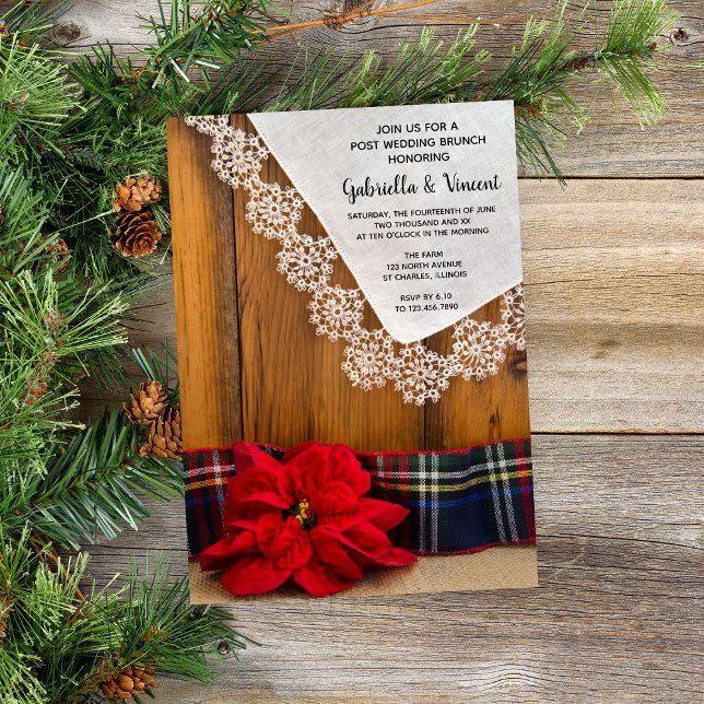 Rustic Poinsettia Plaid Winter Post Wedding Brunch Invitation (Set a festive tone for your December wedding with this wintery Save the Date Announcement Card.)