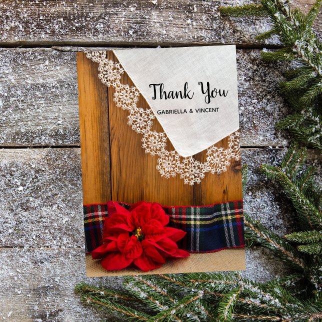 Rustic Poinsettia Plaid Winter Wedding Thank You (Show gratitude with this country Christmas thank you note card.)