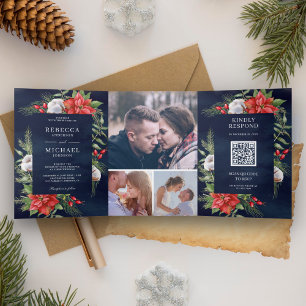 Rustic Poinsettia QR Code Christmas Navy Wedding Tri-Fold Invitation