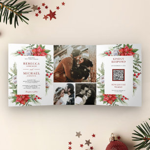 Rustic Poinsettia QR Code Christmas Wedding Tri-Fold Invitation