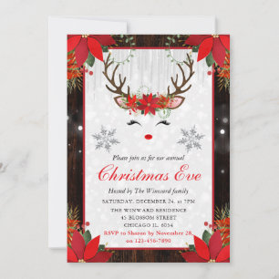 Rustic Poinsettia Reindeer Face Christmas Eve Invitation
