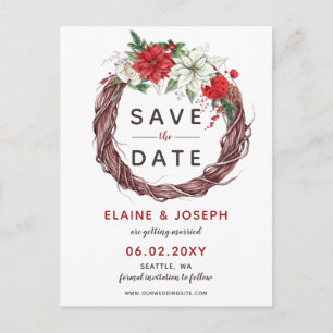 Rustic Poinsettia Winter Foliage Save the Date Announcement Postcard