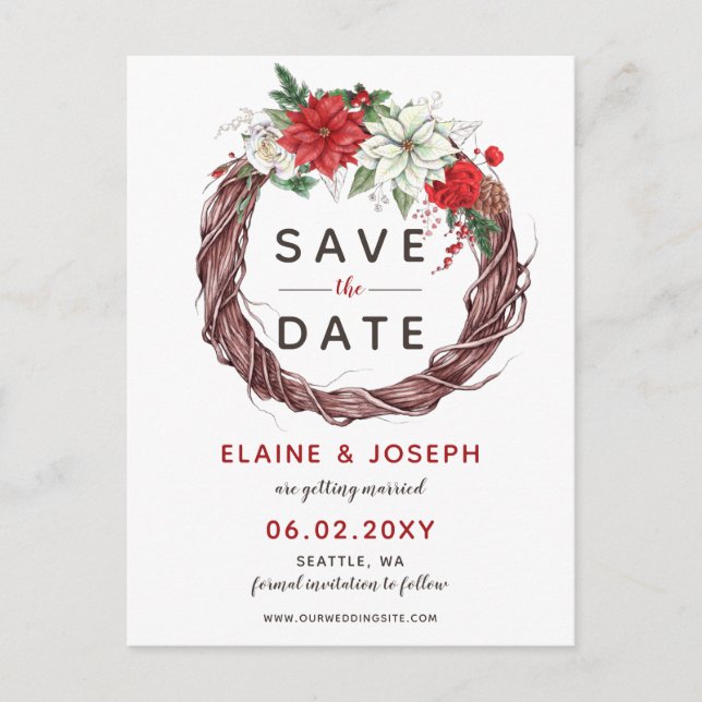 Rustic Poinsettia Winter Foliage Save the Date Announcement Postcard (Front)