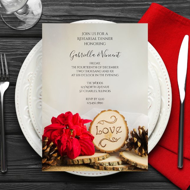Rustic Poinsettia Winter Wedding Rehearsal Dinner Invitation (Creator Uploaded)
