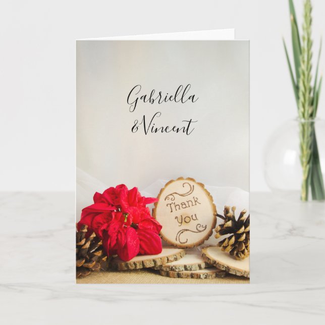 Rustic Poinsettia Woodland Wedding Thank You Card (Front)